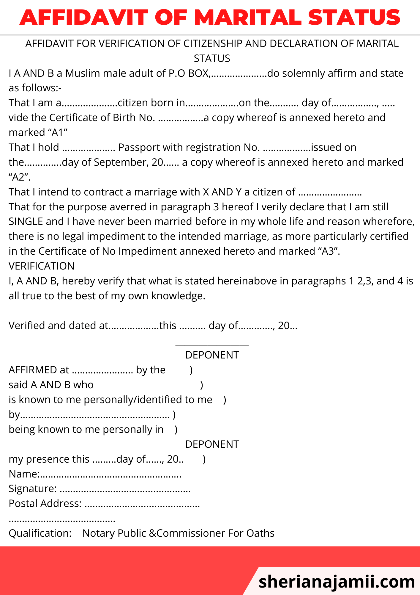 Affidavit of Marital Status, Affidavit of Marital Status sample, Affidavit For Verification Of Citizenship And Declaration Of Marital Status sample