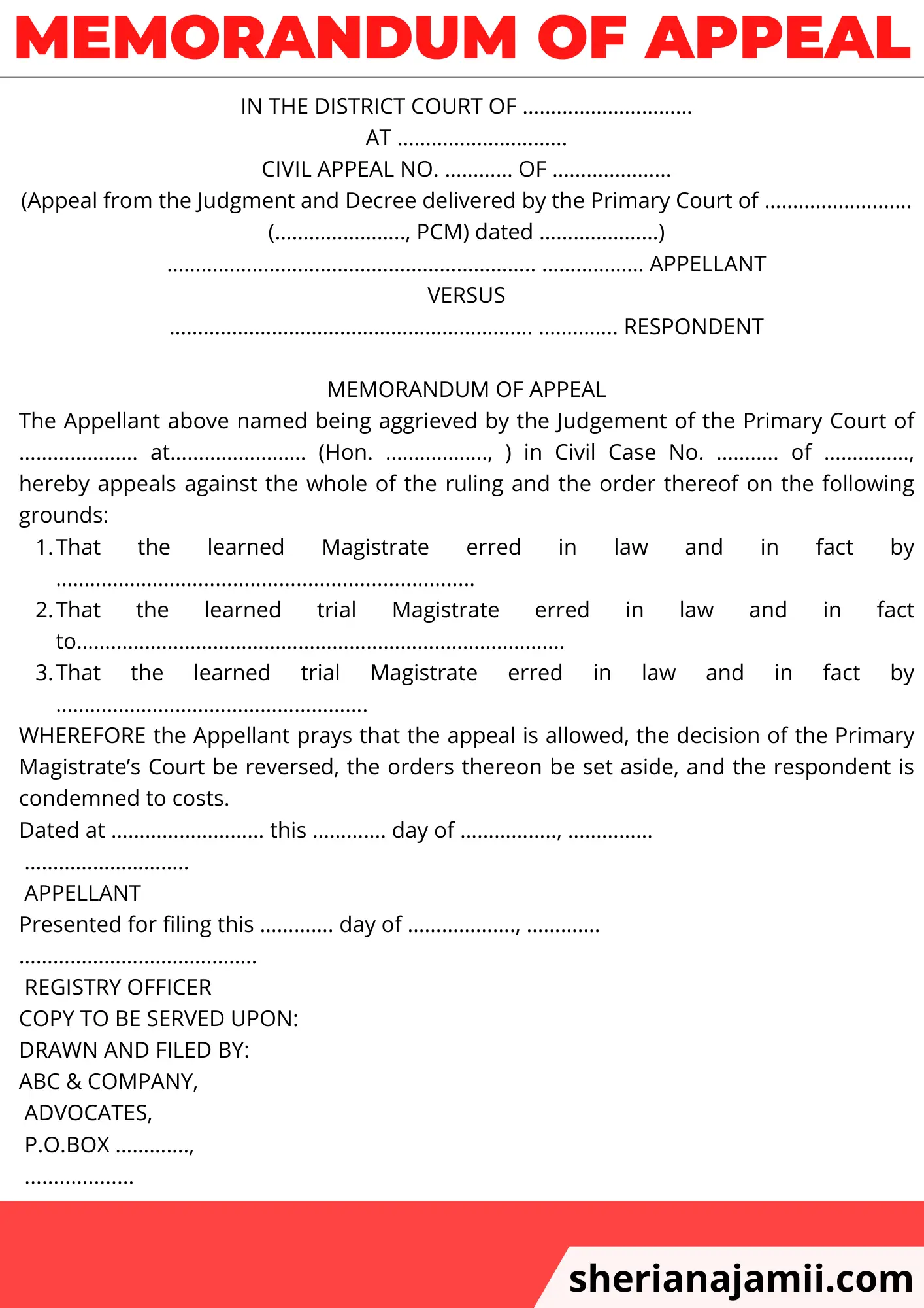 Memorandum of Appeal, Memorandum of Appeal sample, appeal memorandum sample