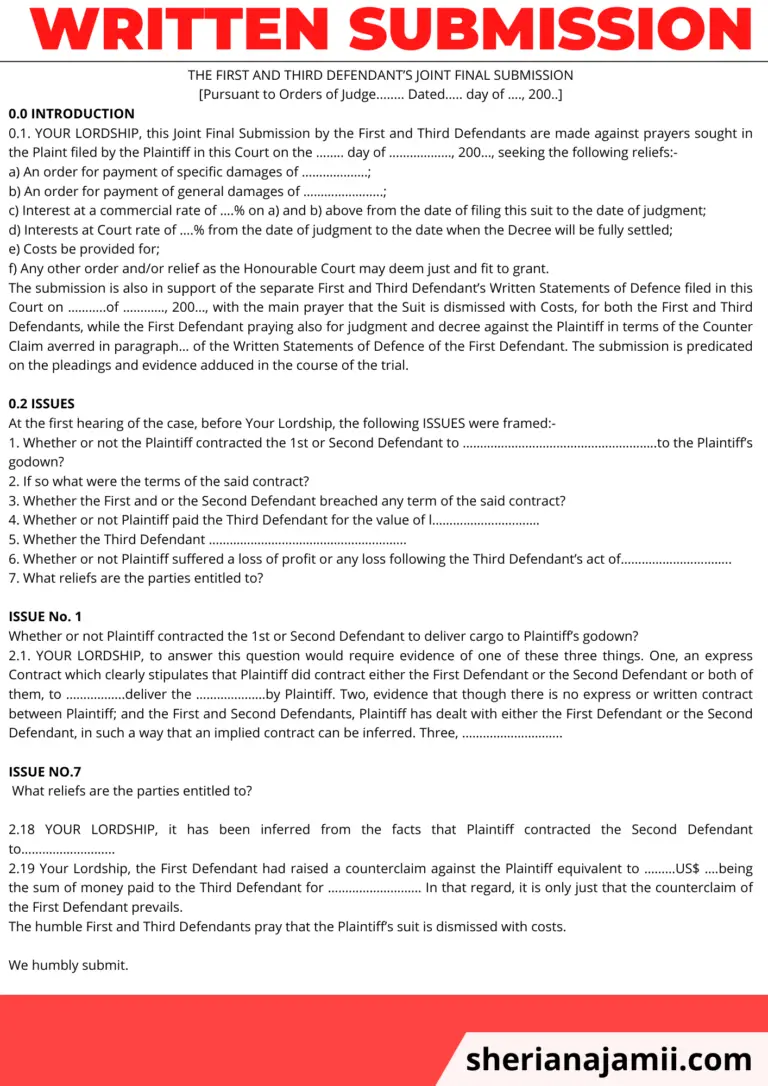 written submission, written submissions example, Final Written Submission sample, how to write written submission to court, written submission to court, written submission format,