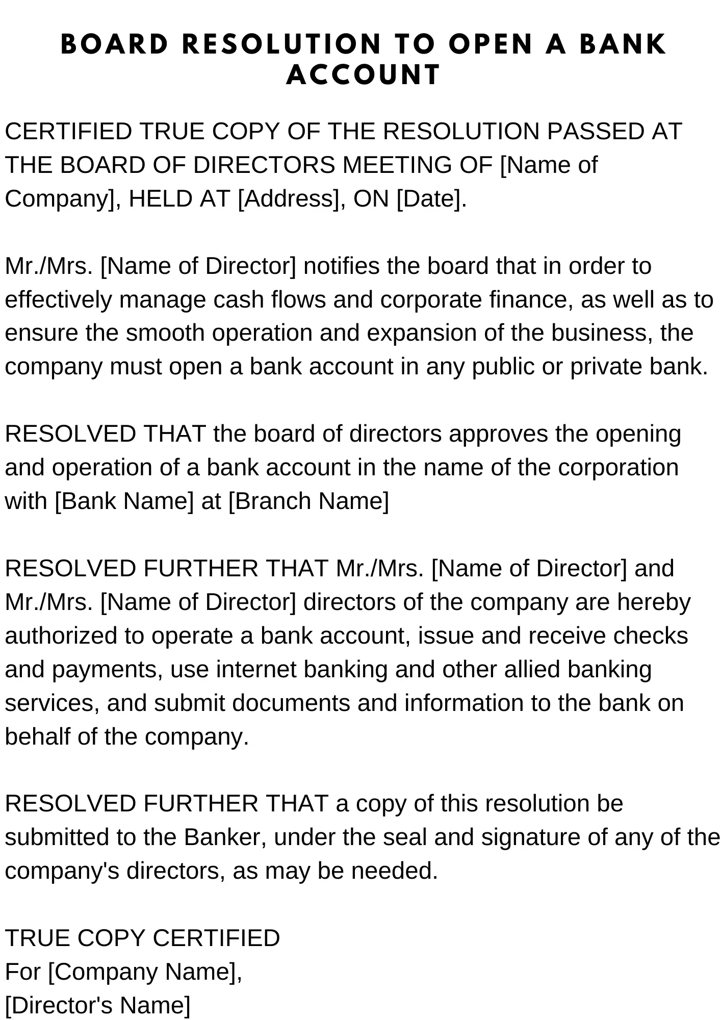 board Resolution to open a bank account