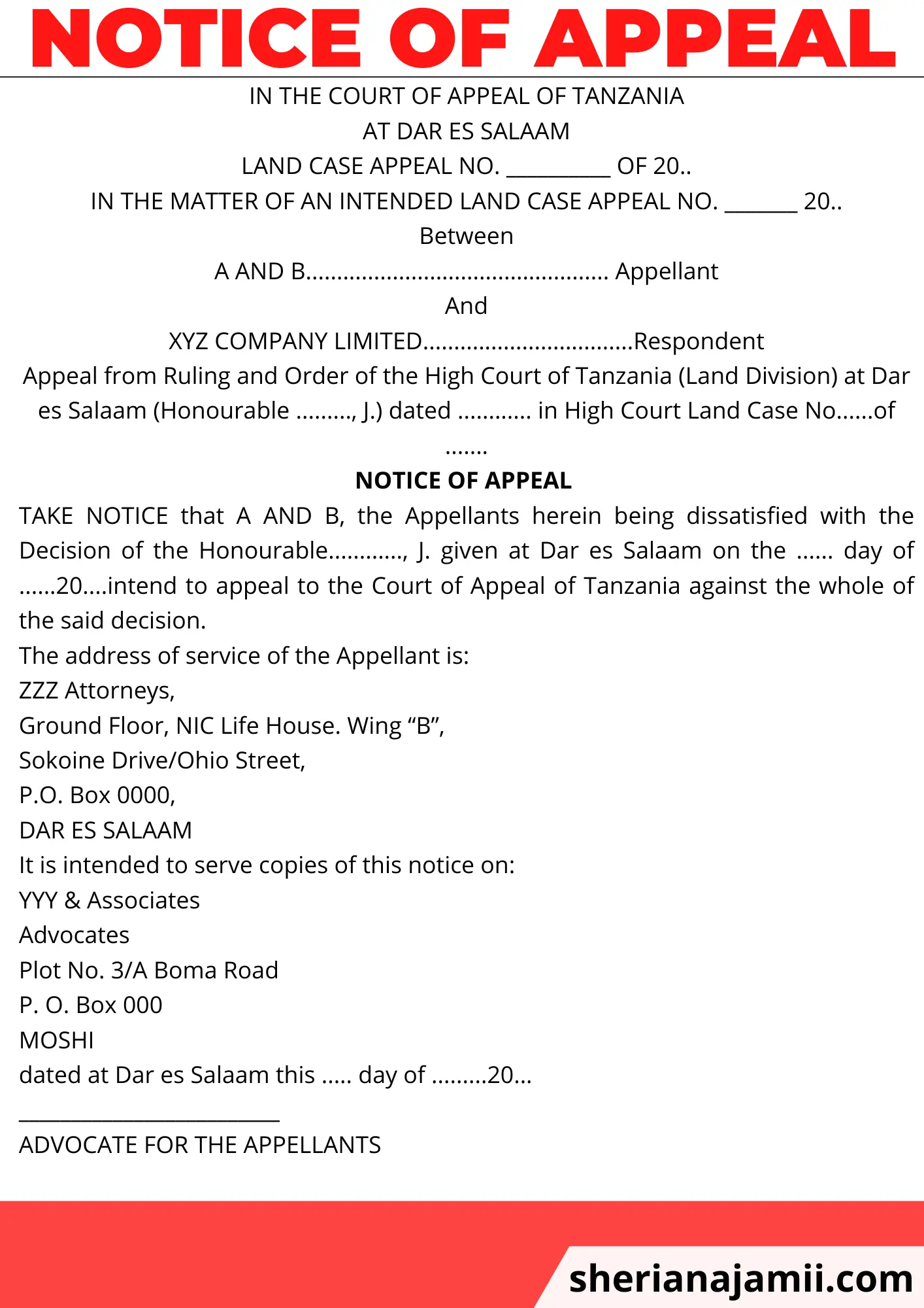 notice of appeal, notice of appeal tanzania, notice of appeal sample, notice of intention to appeal, notice of intention to appeal Tanzania