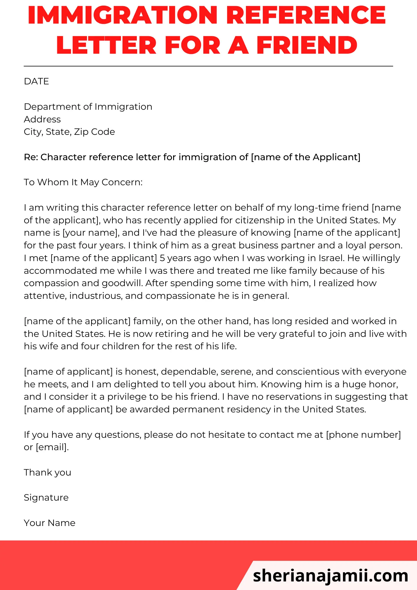 Immigration reference letter for a friend