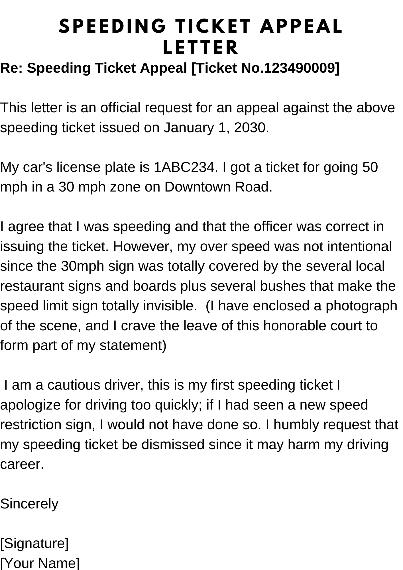 Speeding ticket appeal letter sample