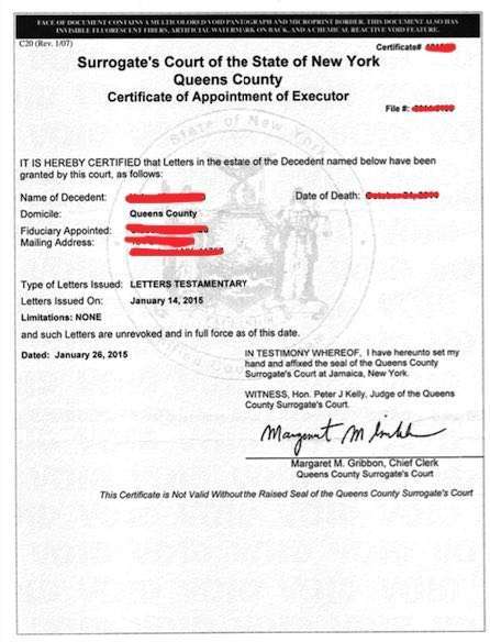 Certificate of Appointment of Executor, Certificate of Appointment of Executor New York