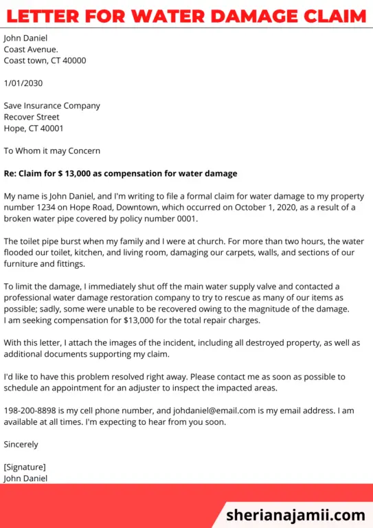 letter for water damage claim, sample letter for water damage claim