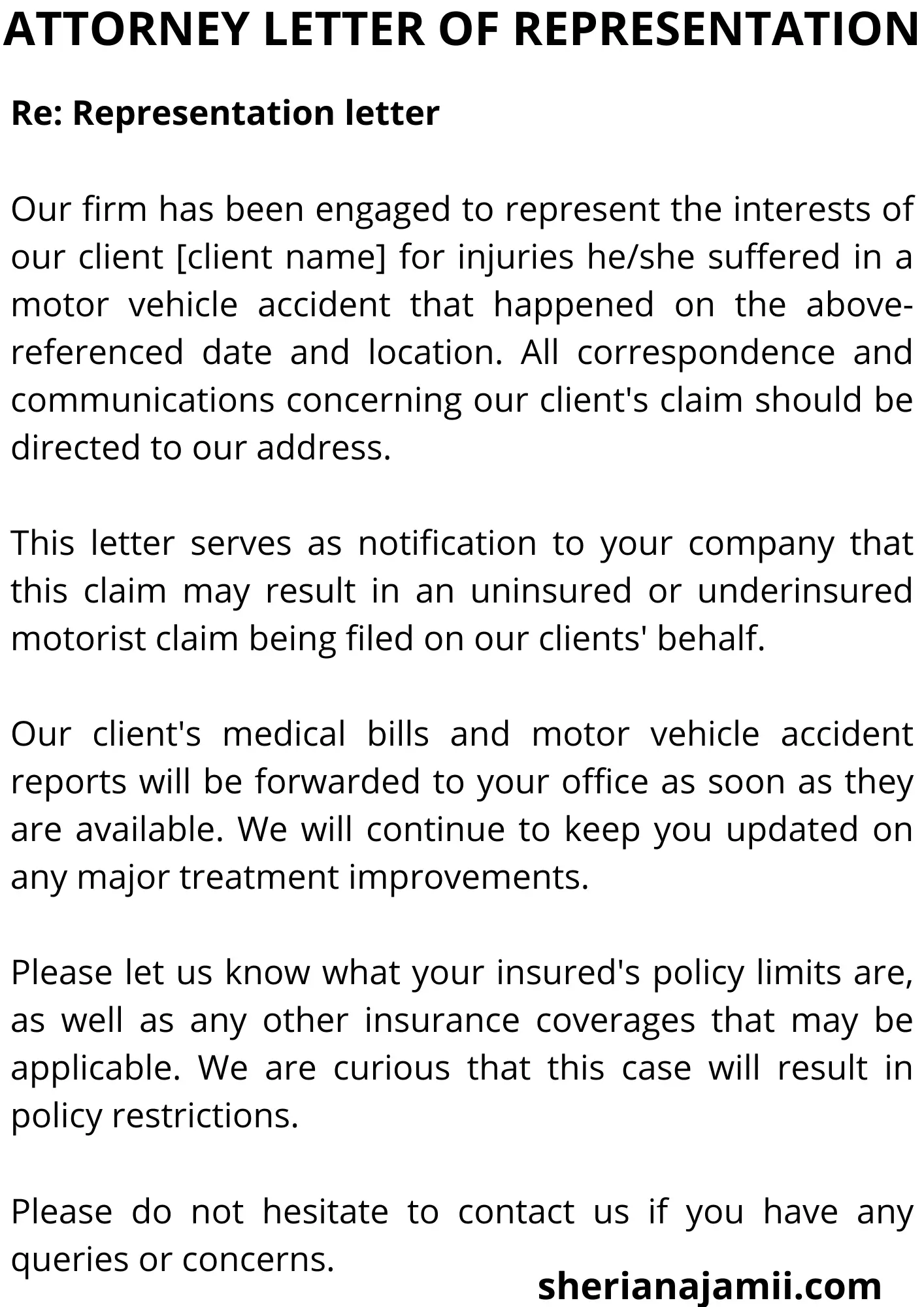 Letter of representation to insurance company