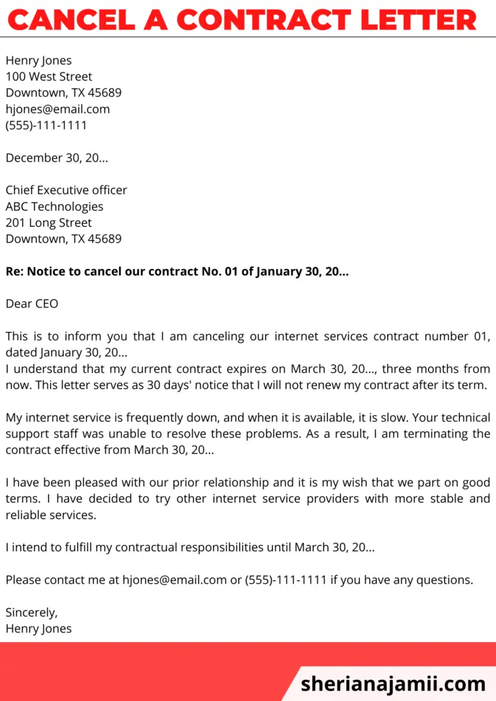 Cancel a contract letter, Cancel a contract letter sample, Letter to cancel a contract, Sample letter to end contract of service