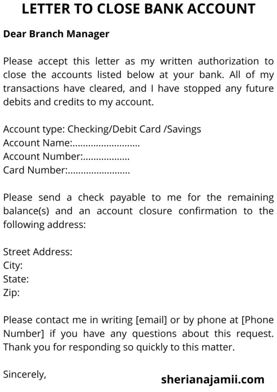 Bank account closing letter, sample Bank account closing letter, letter to close bank account, sample letter to close bank account