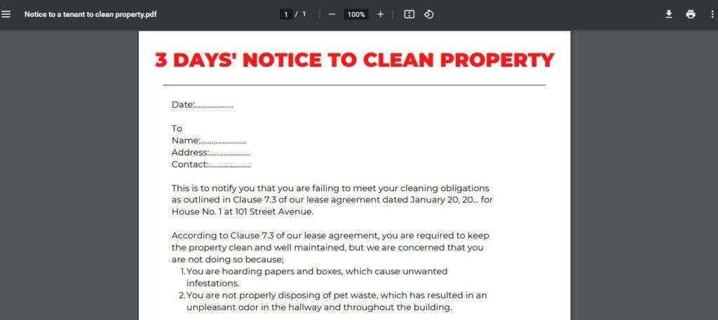 Notice to a tenant to clean property pdf