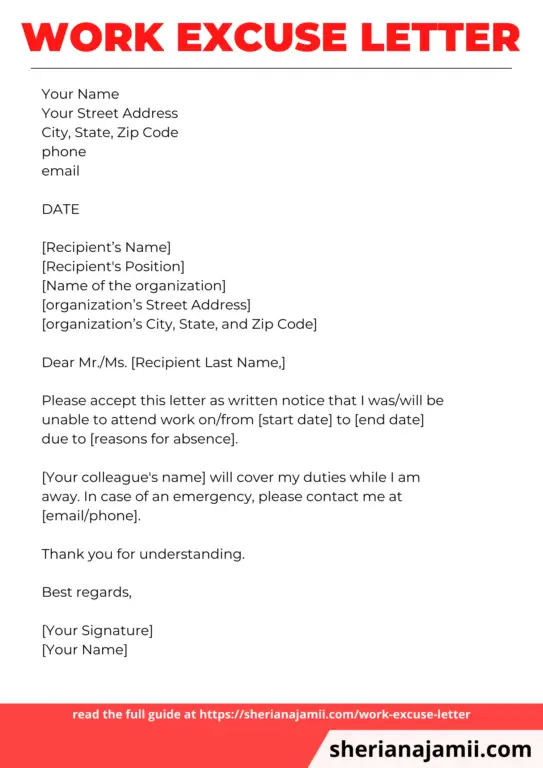 Work excuse letter, work excuse letter template, excuse letter for work