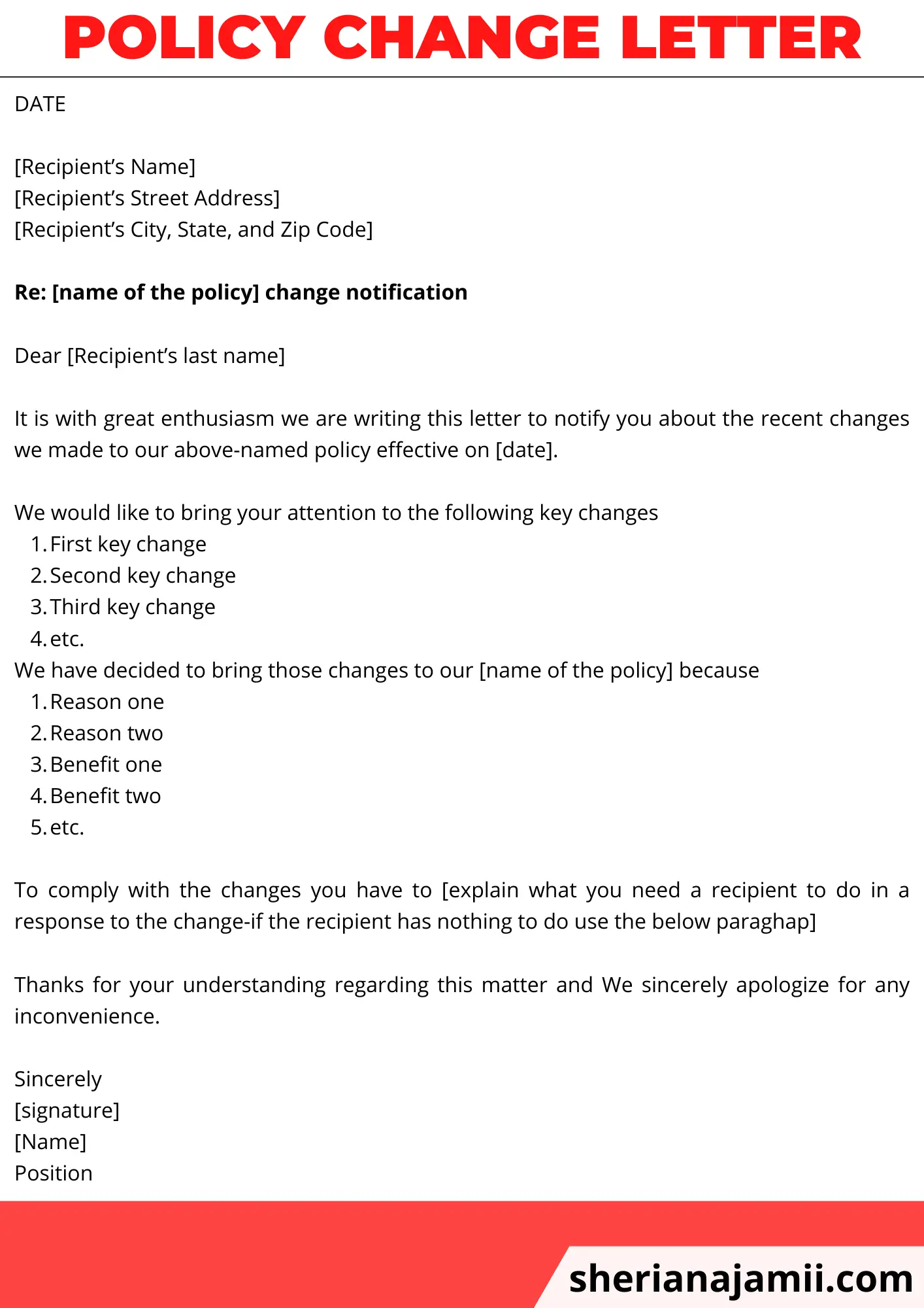 Policy change letter, Policy change letter example