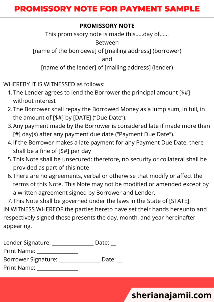Promissory note for payment sample