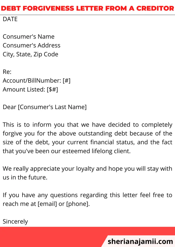 Debt forgiveness letter from a creditor, sample debt forgiveness letter from a creditor