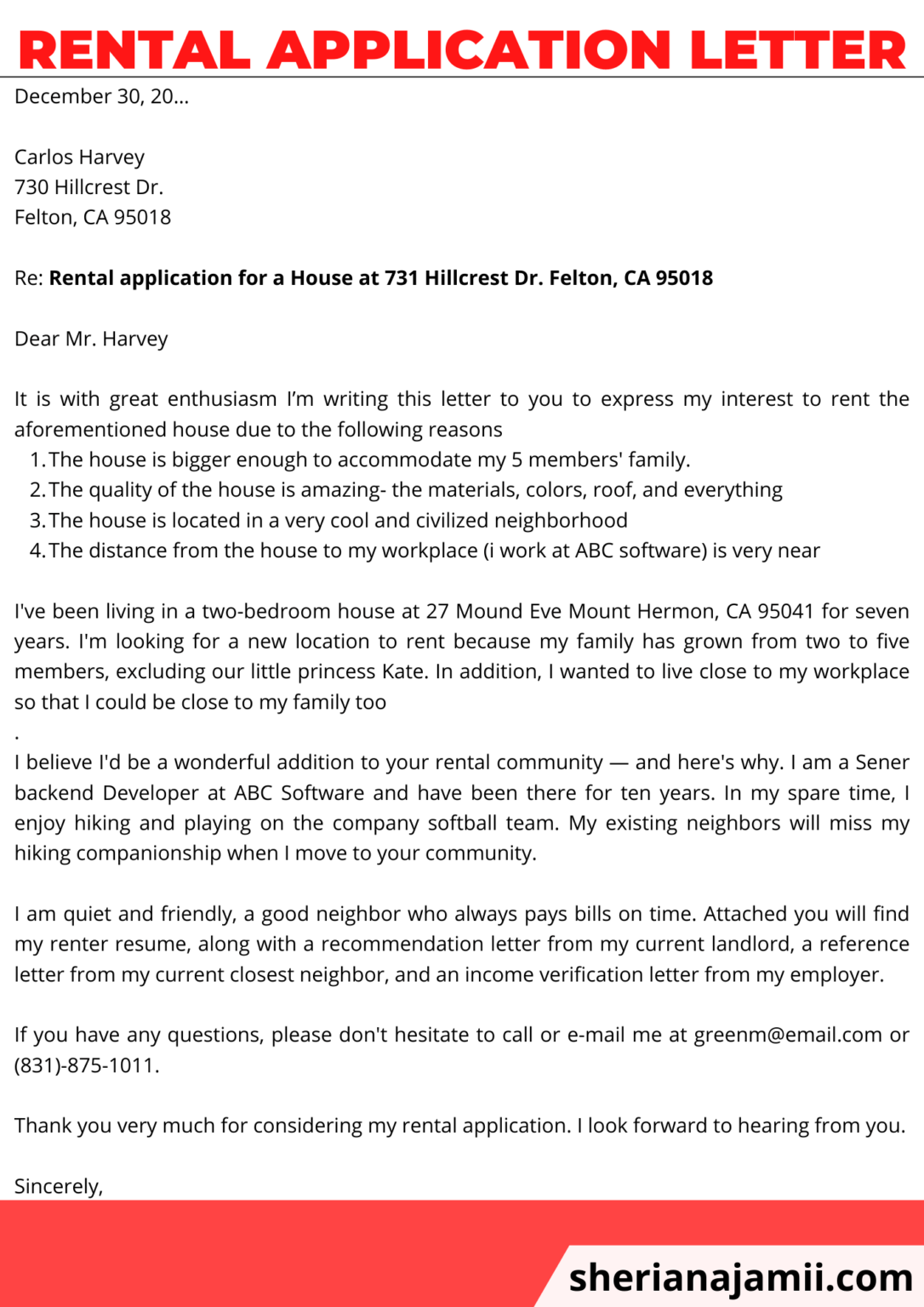 rental house application cover letter example