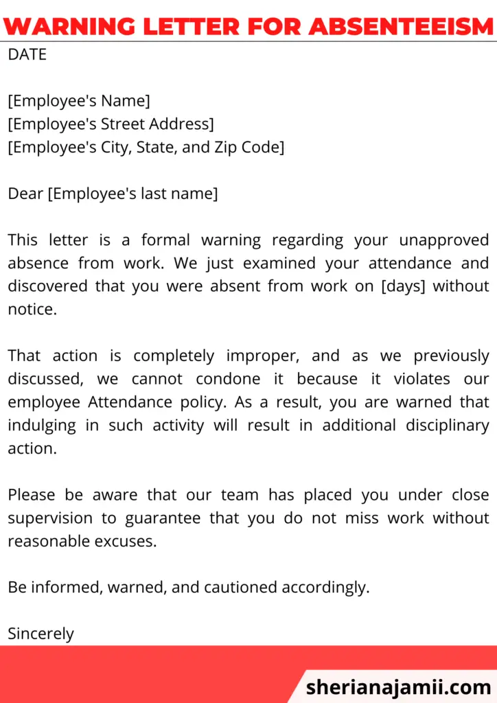 Warning letter for absenteeism, employee warning letter for absenteeism, Warning letter for absenteeism sample, Warning letter for absenteeism template