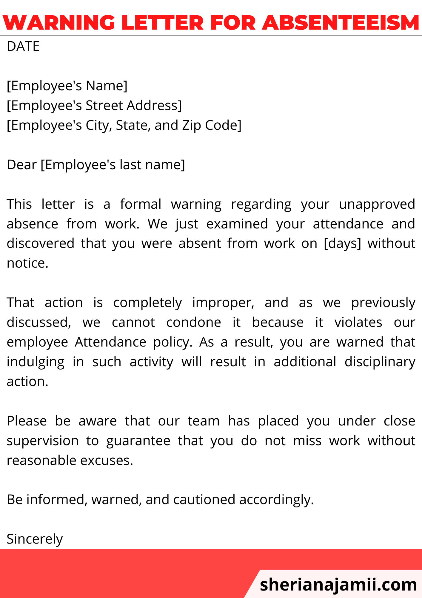 Warning Letter To Employee For Unauthorised Absence Template