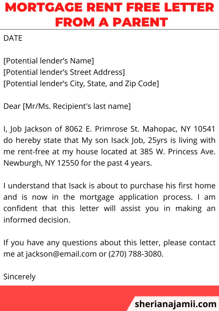 Mortgage rent free letter from a parent