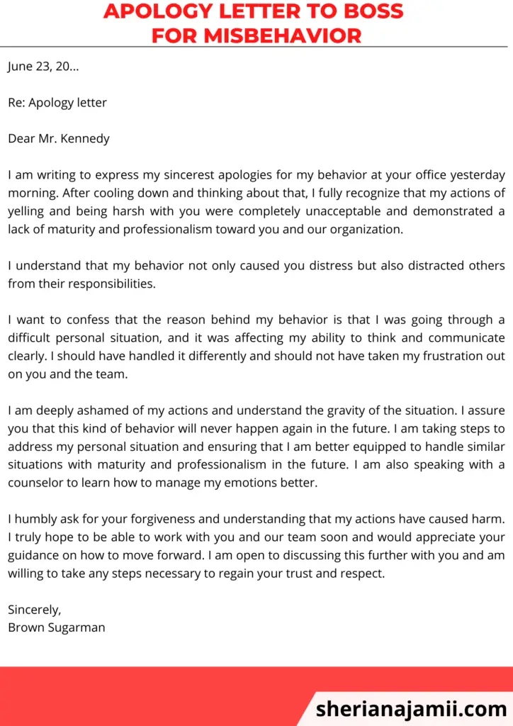 Apology letter to boss for misbehavior