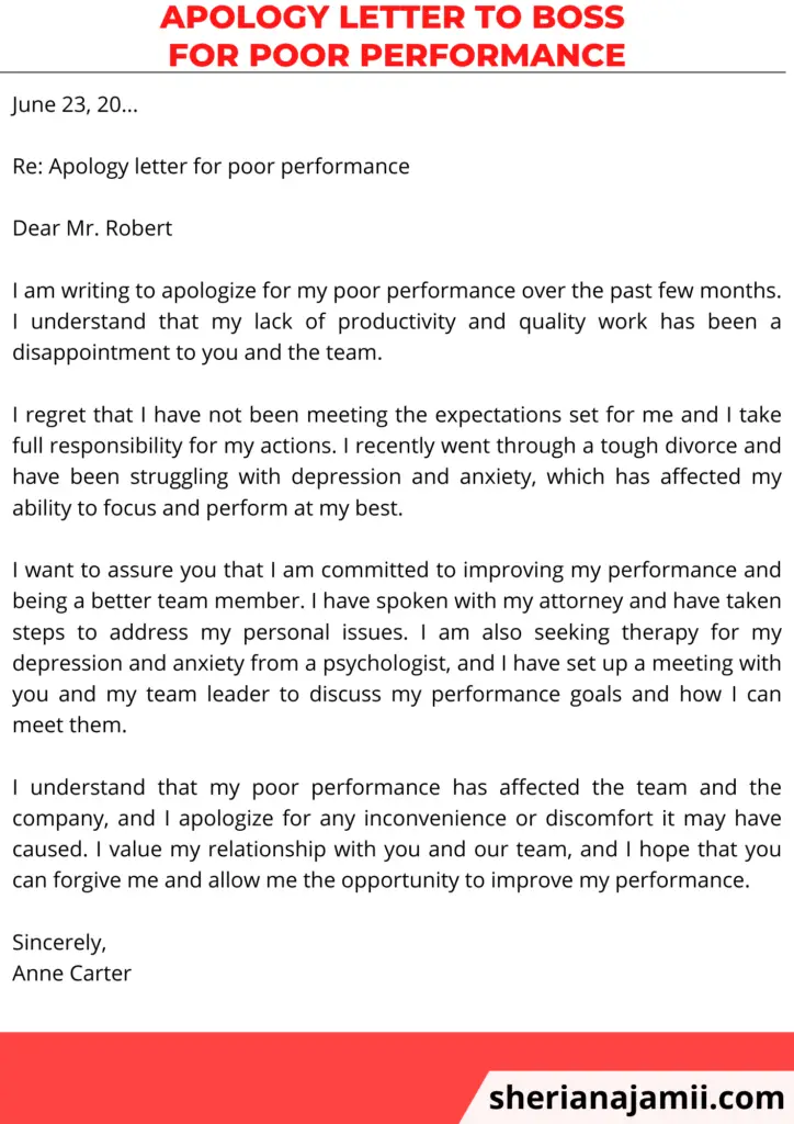Apology letter to boss for poor performance