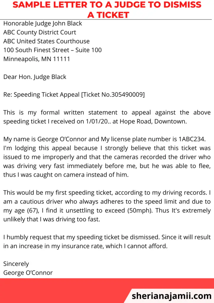 Sample letter to a judge to dismiss a ticket
