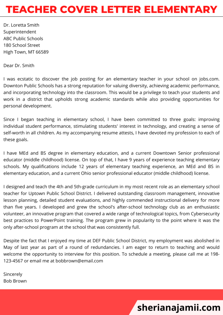 teacher cover letter elementary