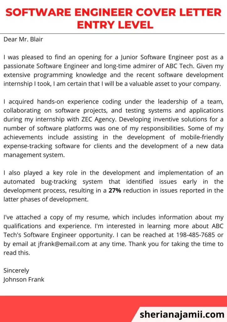software engineer cover letter entry level