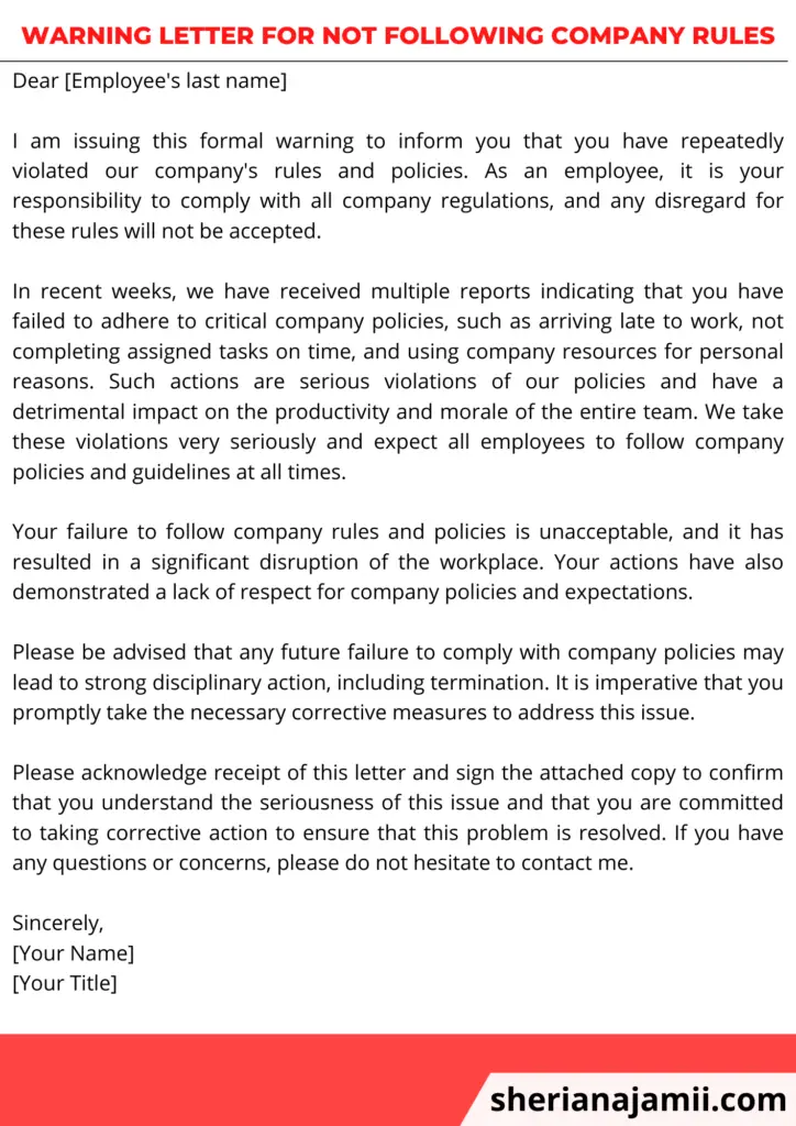Warning letter for not following company rules