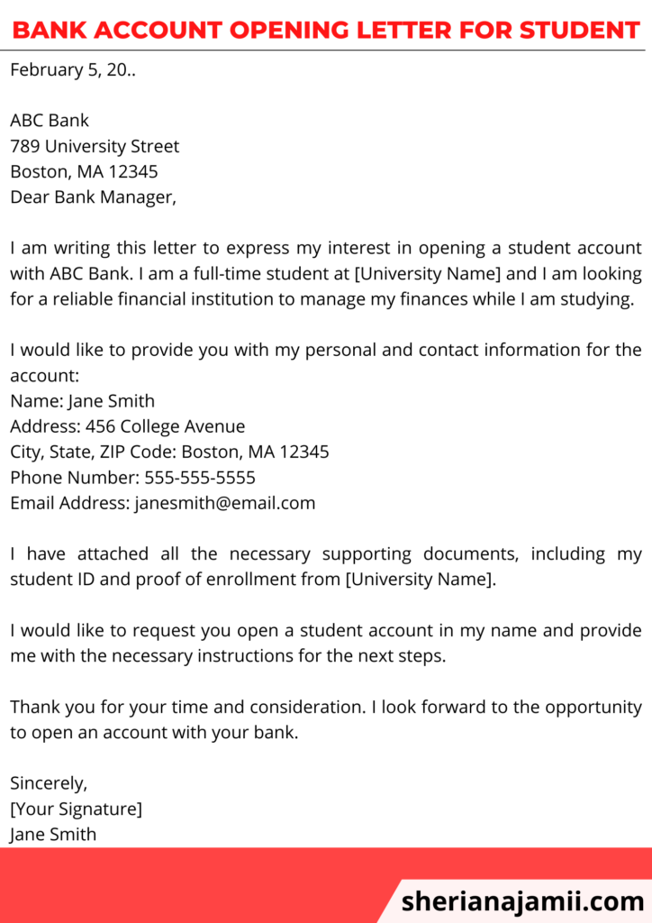 bank account opening letter for student