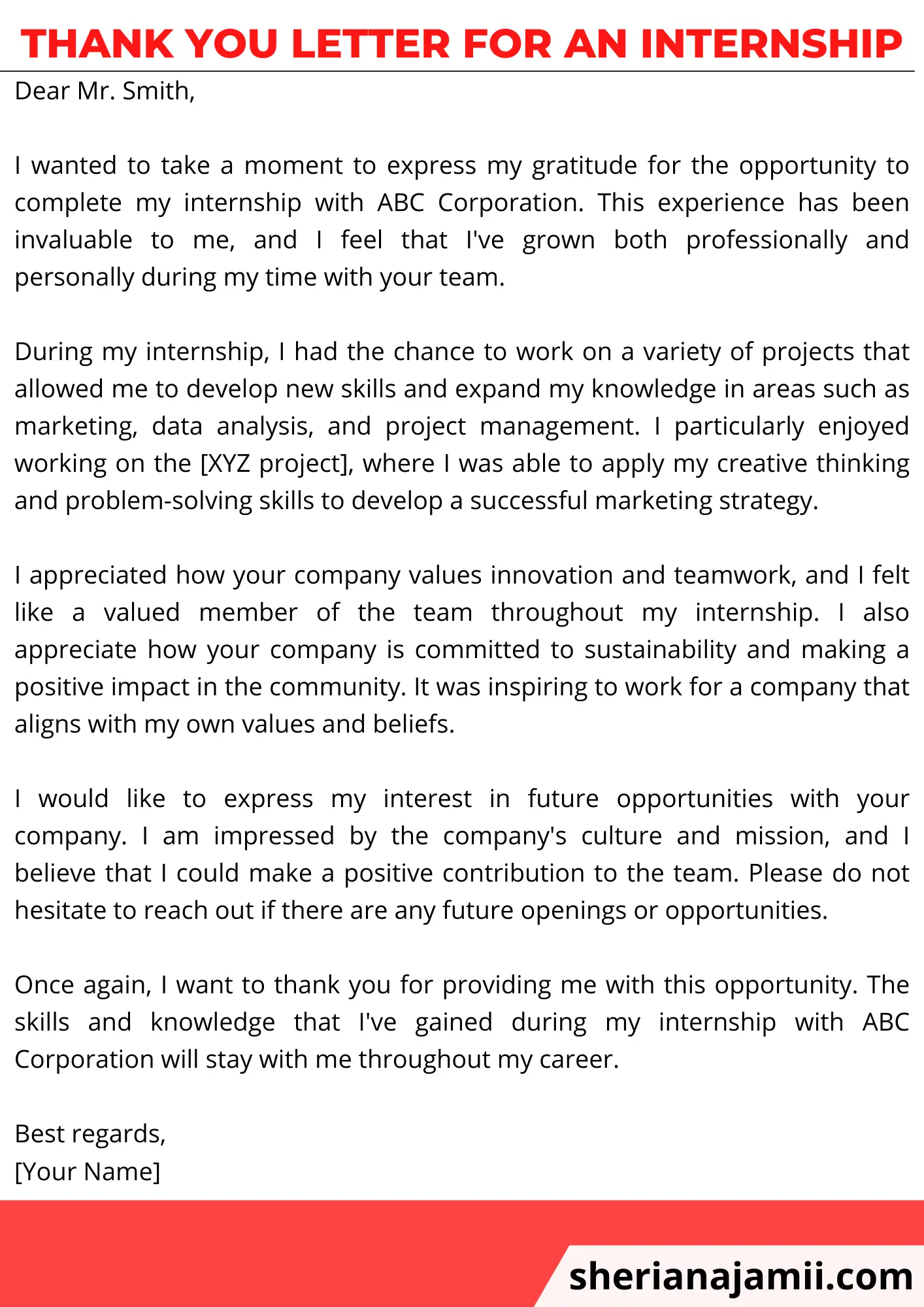 Thank you letter for an internship
