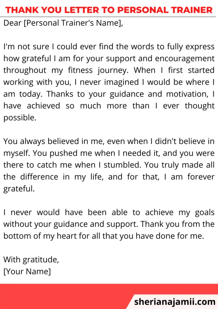 Thank you letter to personal trainer