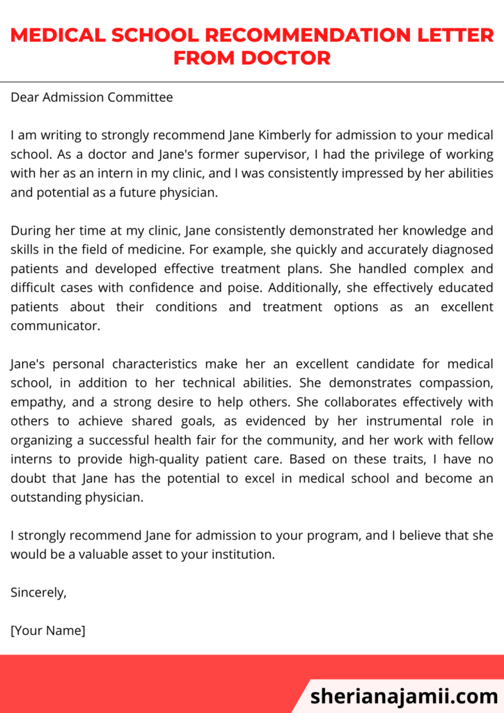 sample letter of recommendation for medical school from doctor