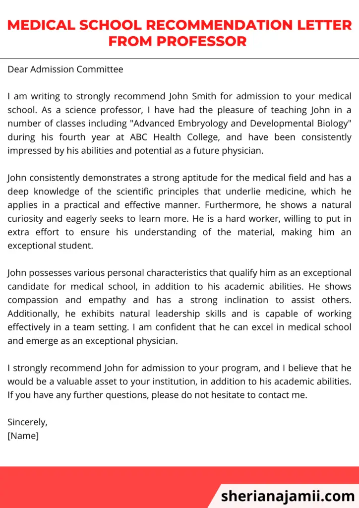 Medical school recommendation letter from professor 