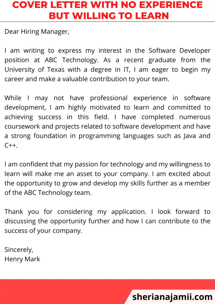 cover letter with no experience but willing to learn, cover letter no experience but willing to learn