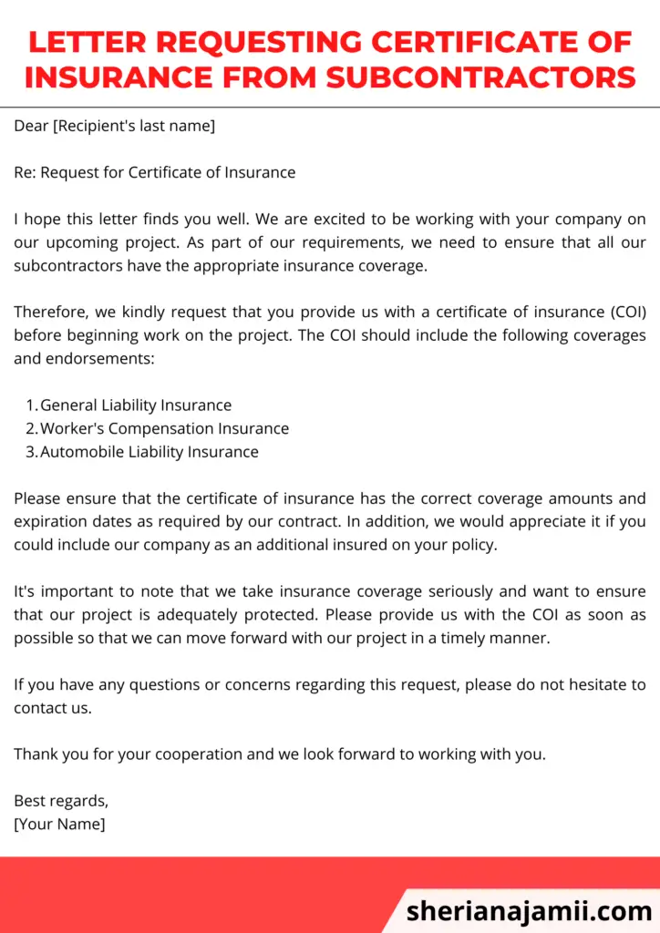 letter requesting certificate of insurance from subcontractors, sample letter requesting certificate of insurance from subcontractors