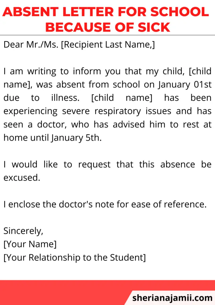 simple absent letter for school because of sick, absent letter for school because of sick