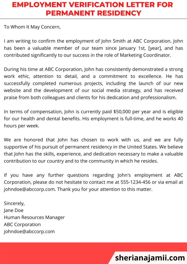 employment verification letter for permanent residency