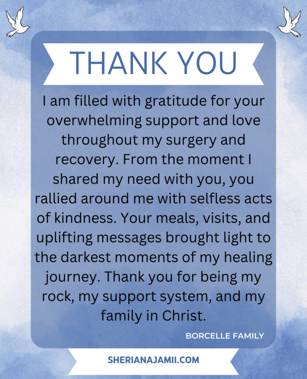 Thank you note to church family after surgery
