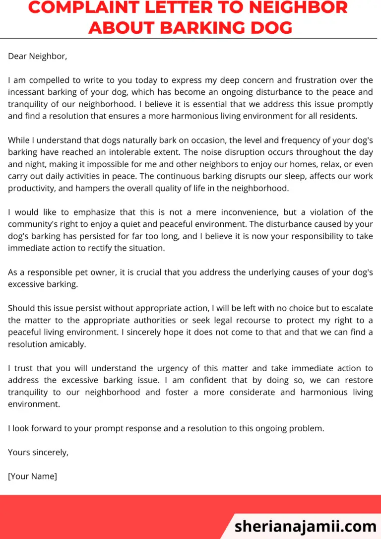 complaint letter to neighbor about barking dog