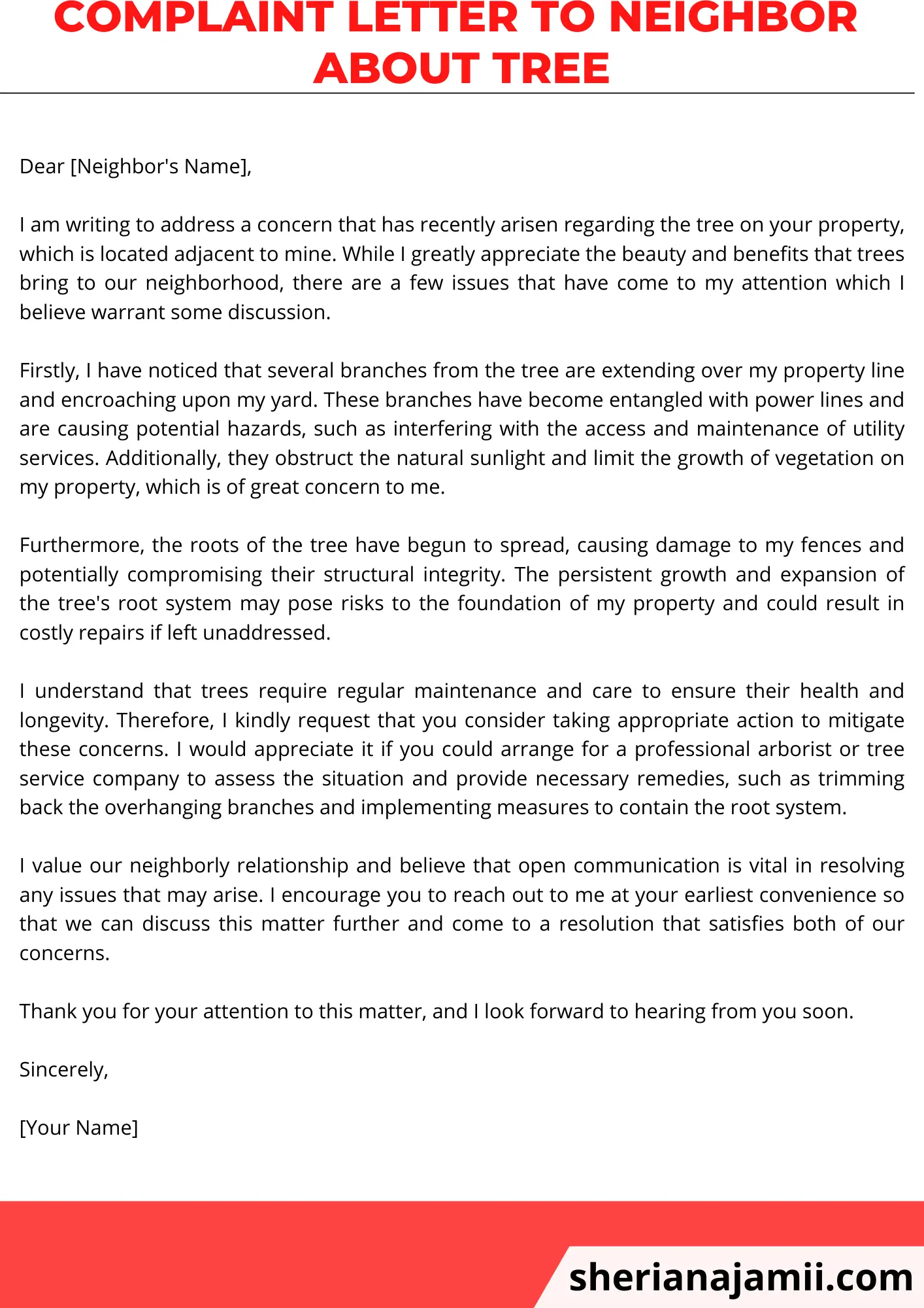 complaint letter to neighbor about tree