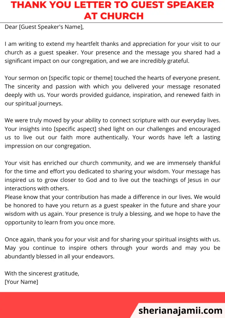 thank you letter to guest speaker at church