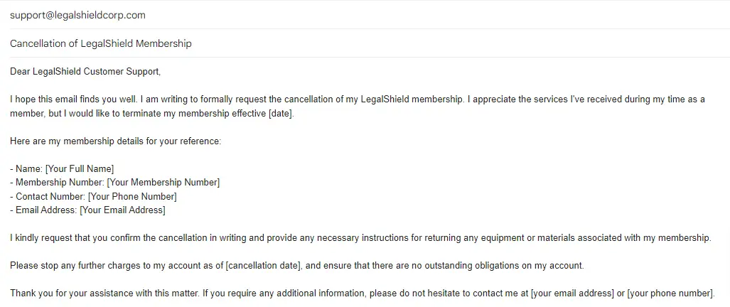 legalshield cancellation email