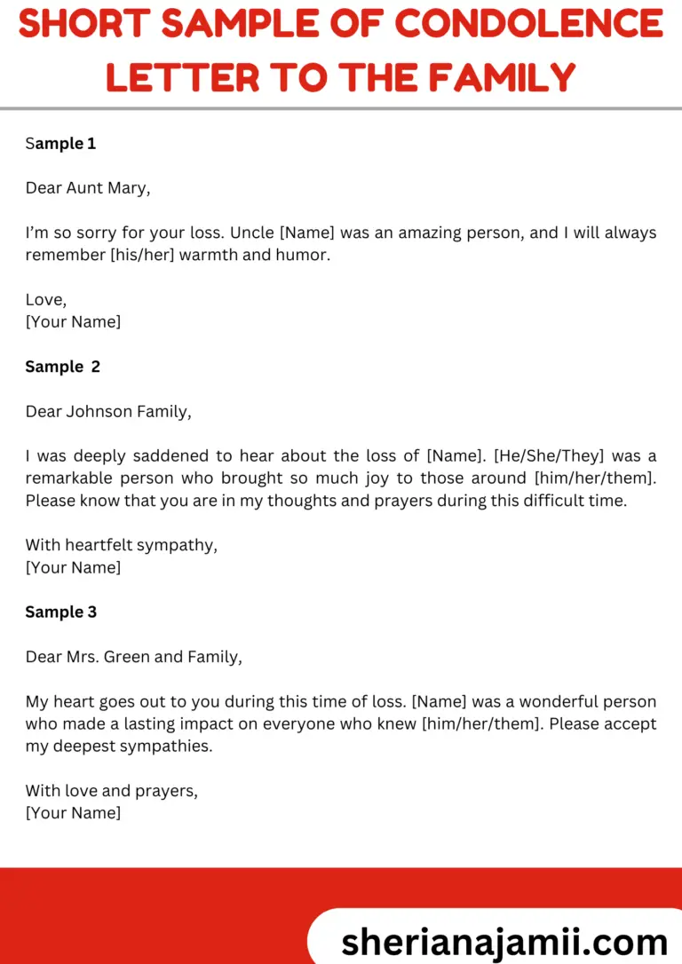 Short sample of condolence letter to the family